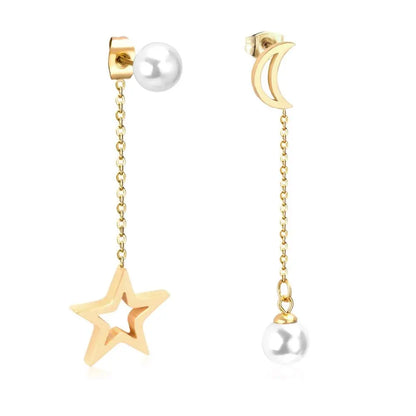 Fashion Women Drop Earrings Moon Star Shape Fake-Pearl For Women's Jewelry Stainless Steel Dangle Earings Brinco asonjewelry