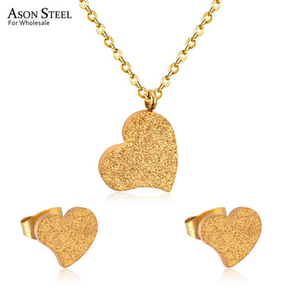 ASON Luxury Heart Pendants Necklaces Earrings Jewelry Set Gold Color Fashion Stainless Steel for Women Cubic Zirconia Cute asonjewelry