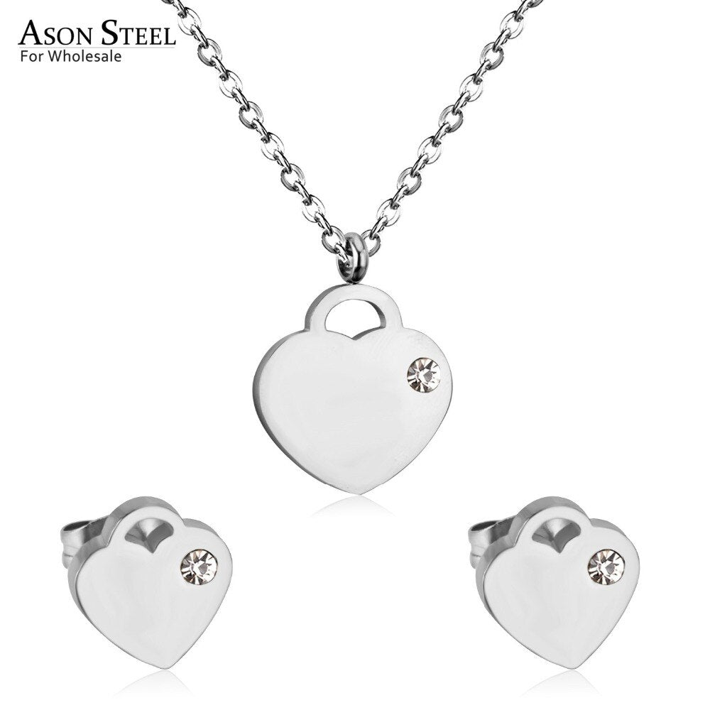 ASON Luxury Heart Pendants Necklaces Earrings Jewelry Set Gold Color Fashion Stainless Steel for Women Cubic Zirconia Cute asonjewelry