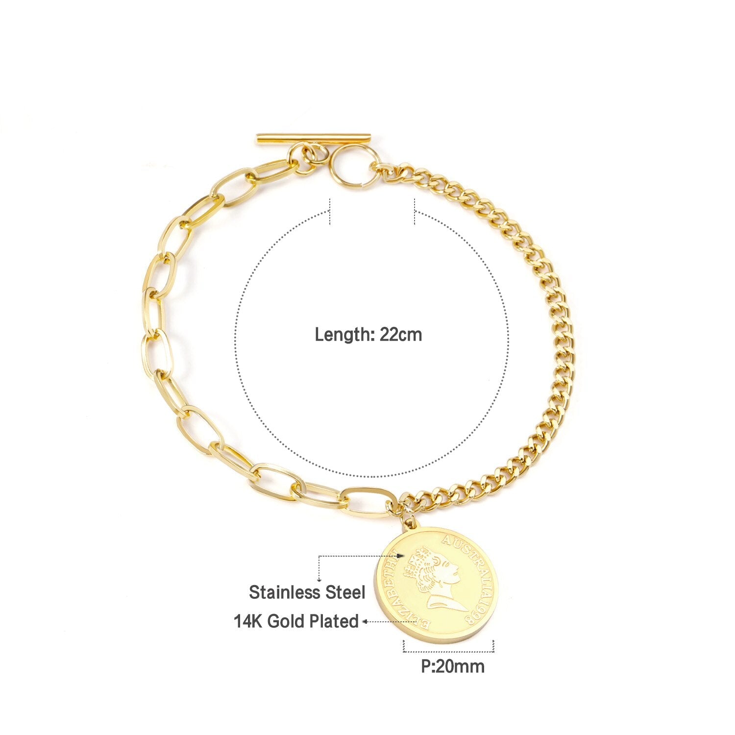 ASON Gold/Rose Gold Color Bracelet Stainless Steel Half Chain Bangle with Coin Charm for Women Fashion Jewelry Accessories asonjewelry