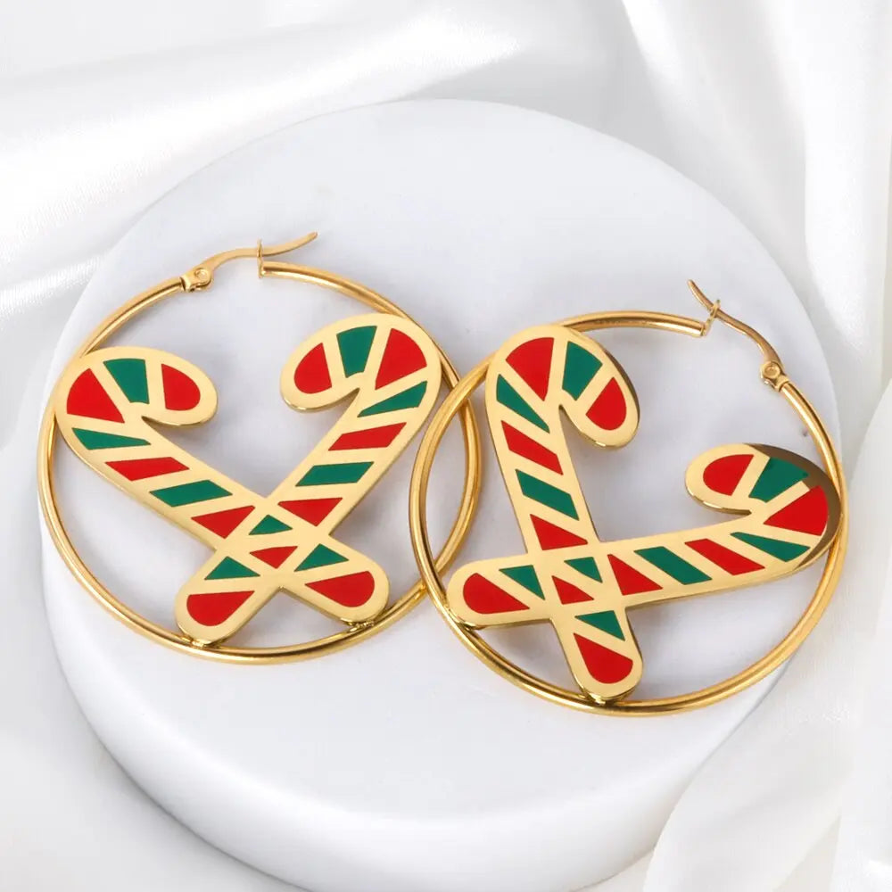 Santa Circle Big Hoop Earrings For Christmas Cute Christmas Tree Stocking Canes Jingle Bell Charm Earrings Trendy asonjewelry