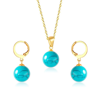 New Blue Opal Jewelry Sets Classic Style Round Shape Pendant Necklace Earrings Fashion Chains Accessoreies Collars asonjewelry