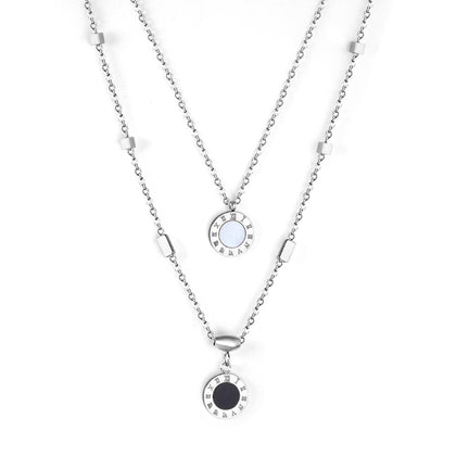 New Design Romantic Double Pendant Necklace For Women Design Roman Numerals Trendy Black And White Shell Collier
