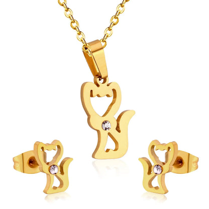 Stainless Steel Little Fox With Cubic Zirconia Necklace Earrings Set Woman Wedding Jewelry Sets Anniversary Present asonjewelry