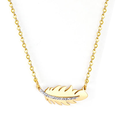 ASON Gold Color Feather Pendant Necklace with Rhinestone Stainless Steel Chain for Women Jewelry Gift Accessory Chokers asonjewelry