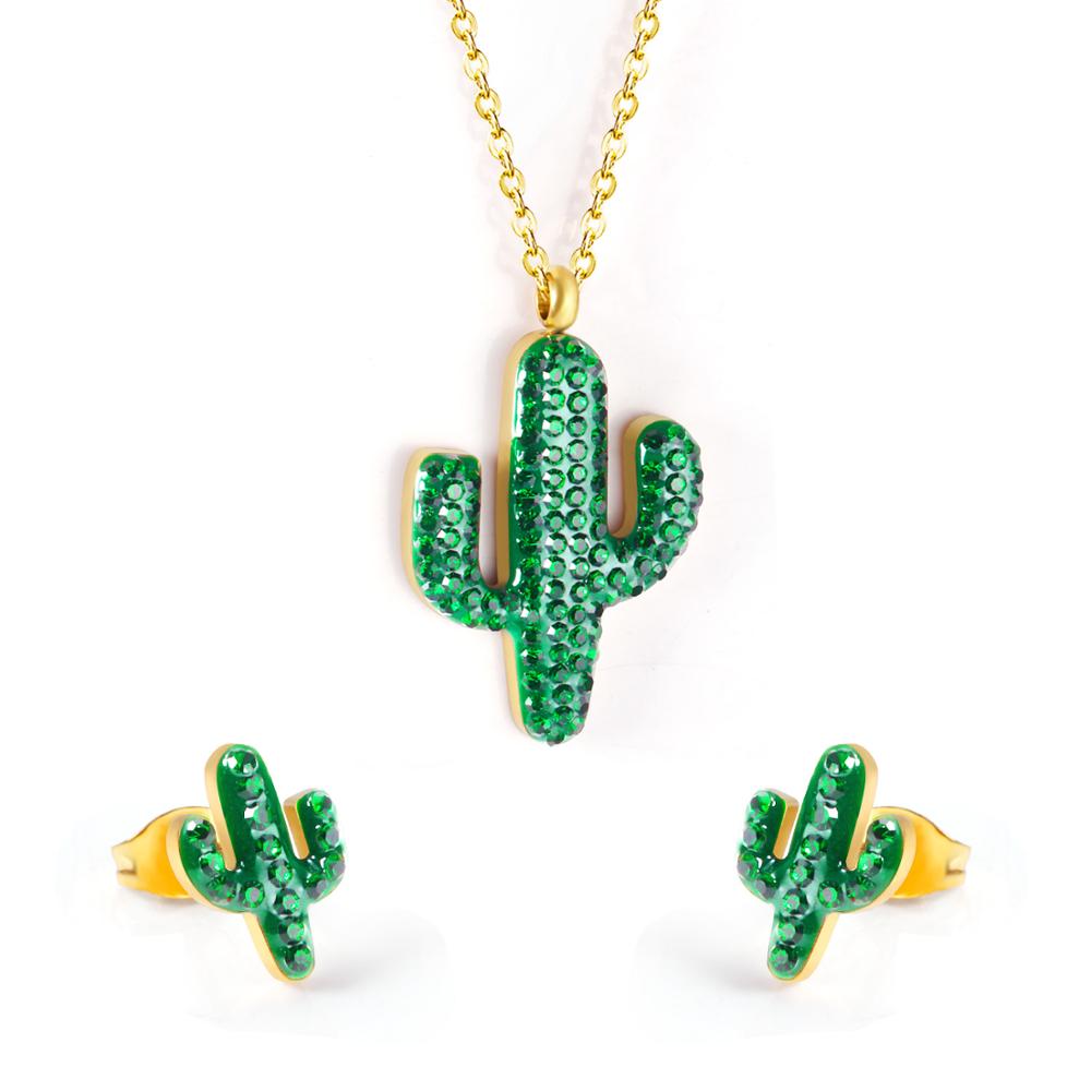 ASON Gold Color Stainless Steel Cactus Necklace and Earrings Jewelry Set with Green Rhinestone for Women Accessory Jewelry asonjewelry