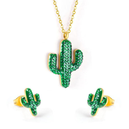 ASON Gold Color Stainless Steel Cactus Necklace and Earrings Jewelry Set with Green Rhinestone for Women Accessory Jewelry asonjewelry