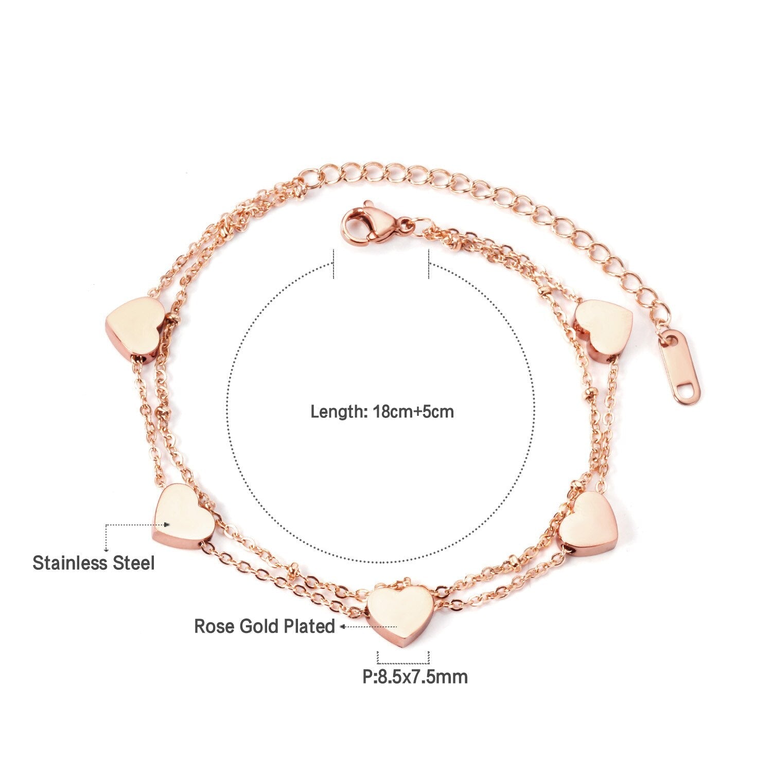 ASON Multi-layer Heart Charm Bracelet Gold Color Stainless Steel Bangle with Extender for Women Girl Fashion Jewelry Gift asonjewelry