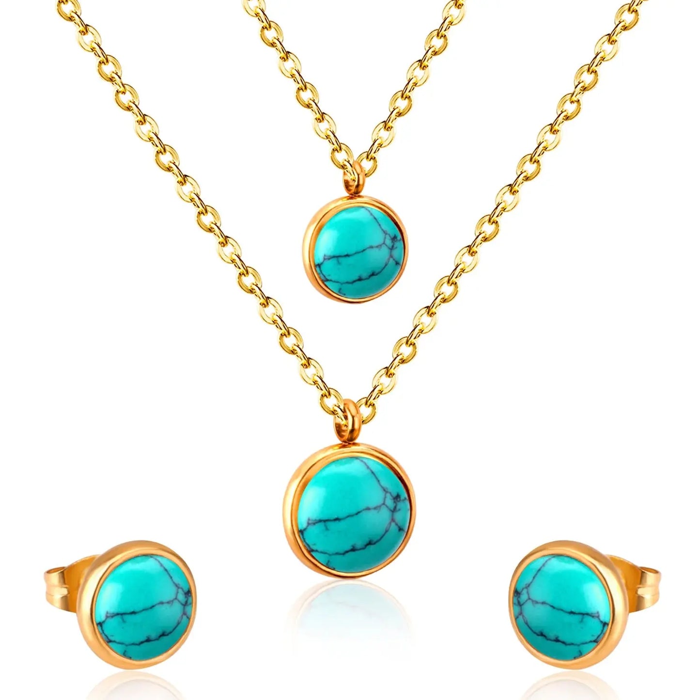 Gold Color Round Double Chain Pendant Necklaces Earrings For Woman jewelry Set Valentine Presents parures bijoux asonjewelry