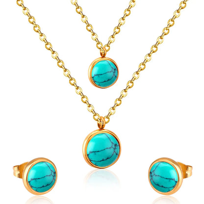 Gold Color Round Double Chain Pendant Necklaces Earrings For Woman jewelry Set Valentine Presents parures bijoux asonjewelry