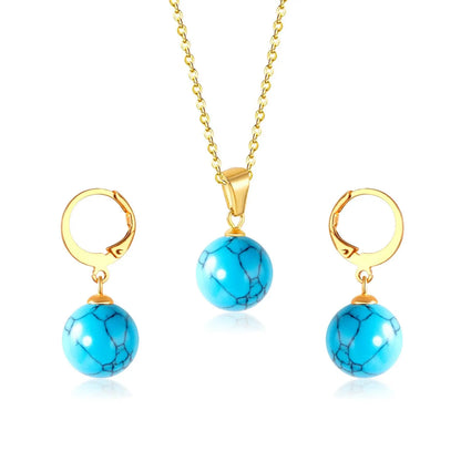 New Blue Opal Jewelry Sets Classic Style Round Shape Pendant Necklace Earrings Fashion Chains Accessoreies Collars asonjewelry