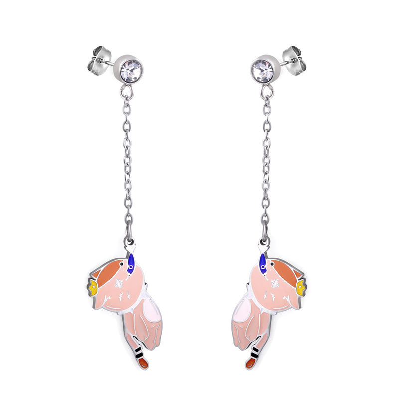 Fashion Diamond + Chain with Cat Eat Fish Mixed Color Stud Earrings