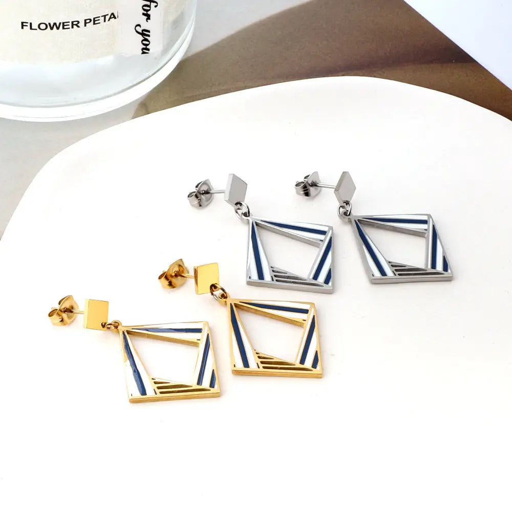 Stainless Steel Small Rhombus + Large Rhombus Hollow Mixed Color Stud Earrings asonjewelry