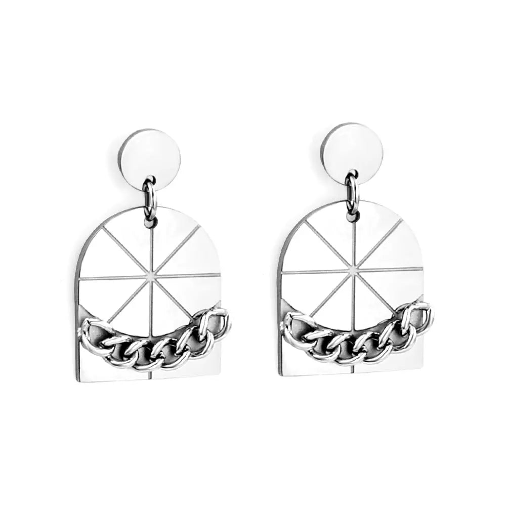 Stainless Steel Small Round + Large Window With Chain Stud Earrings asonjewelry