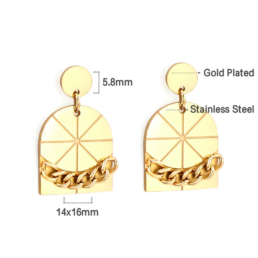 Stainless Steel Small Round + Large Window With Chain Stud Earrings asonjewelry