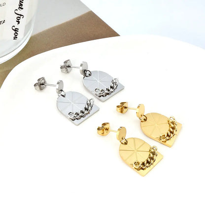 Stainless Steel Small Round + Large Window With Chain Stud Earrings asonjewelry