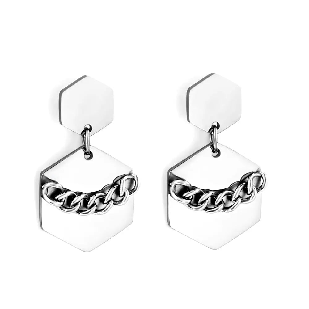 Stainless Steel Small Hexagon + Large Hexagon with Chain Stud Earrings asonjewelry