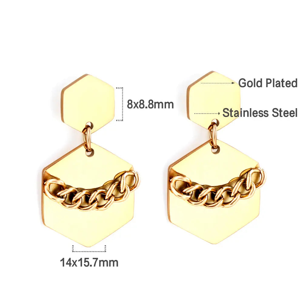 Stainless Steel Small Hexagon + Large Hexagon with Chain Stud Earrings asonjewelry