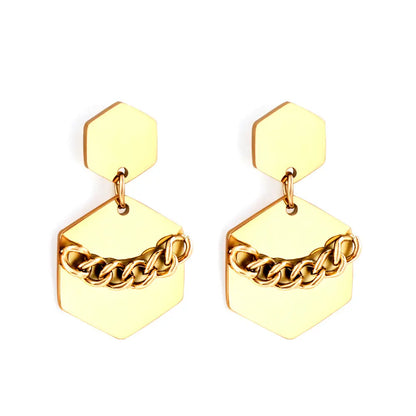 Stainless Steel Small Hexagon + Large Hexagon with Chain Stud Earrings asonjewelry
