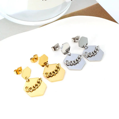 Stainless Steel Small Hexagon + Large Hexagon with Chain Stud Earrings asonjewelry