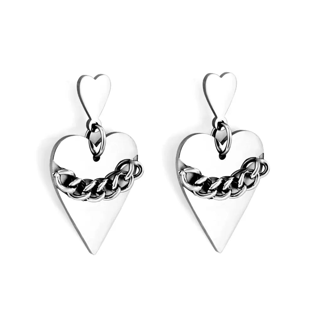 Anti-Allergy Small Heart+Large Heart with Chain Stud Earrings asonjewelry