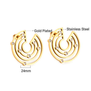 Stainless Steel Round with 7 Diamonds Stud Earrings