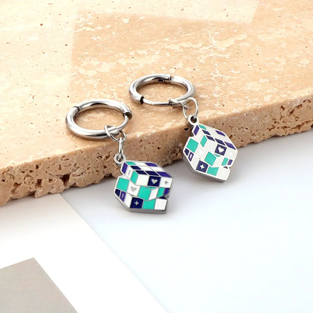 Fashion Circle with Rubik's Cube Mixed Color Earrings asonjewelry