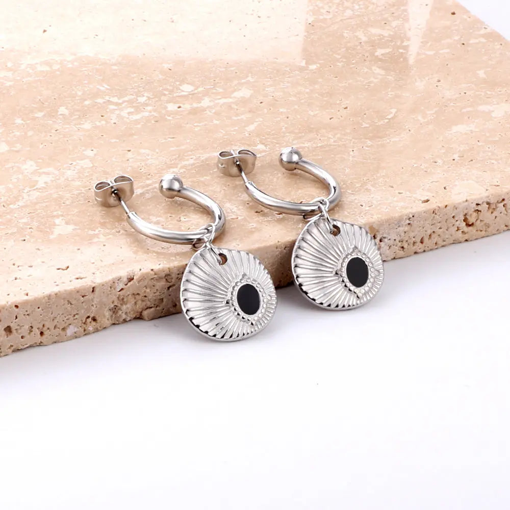 Fashion Half Circle Steel Ball with Shell Black Stud Earrings asonjewelry