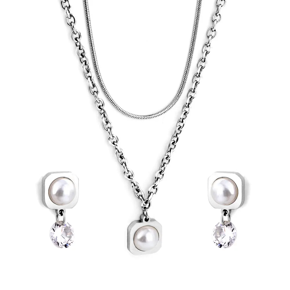 Round Corner Square White Pearl with Diamond Double Chain Jewelry Set asonjewelry