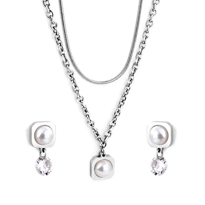 Round Corner Square White Pearl with Diamond Double Chain Jewelry Set asonjewelry