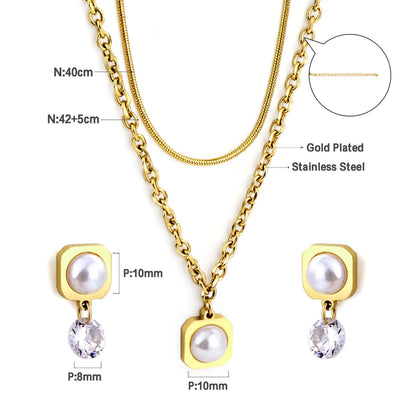 Round Corner Square White Pearl with Diamond Double Chain Jewelry Set asonjewelry