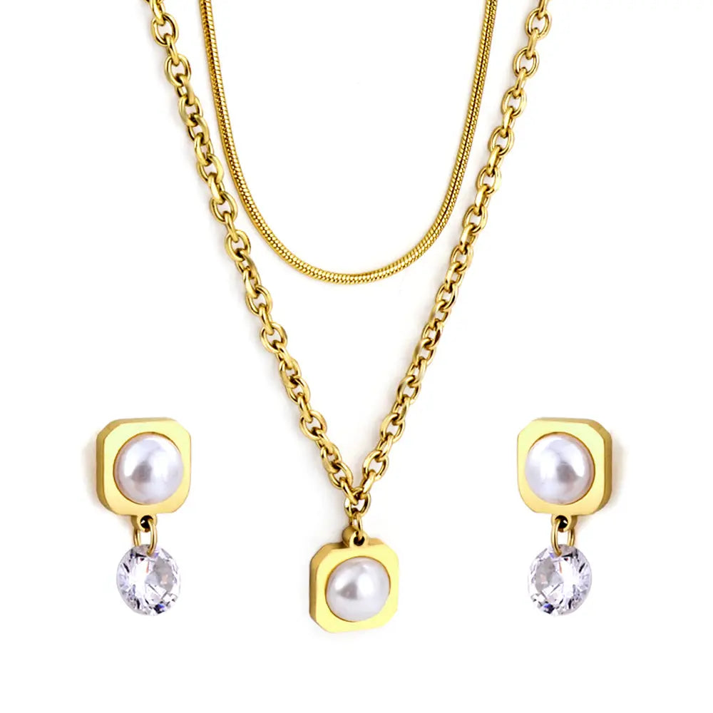 Round Corner Square White Pearl with Diamond Double Chain Jewelry Set asonjewelry