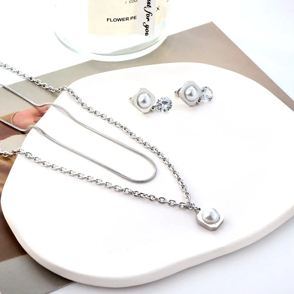 Round Corner Square White Pearl with Diamond Double Chain Jewelry Set asonjewelry