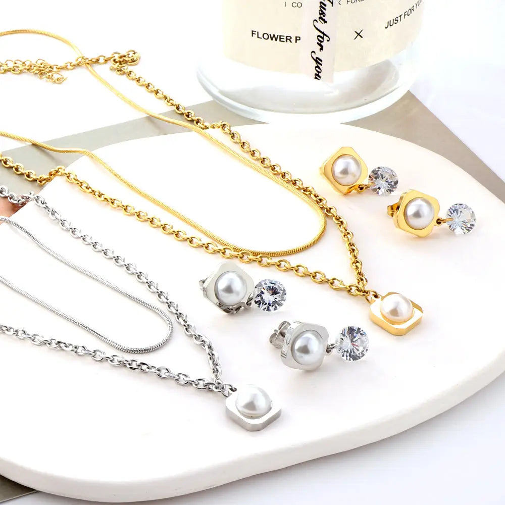 Round Corner Square White Pearl with Diamond Double Chain Jewelry Set asonjewelry