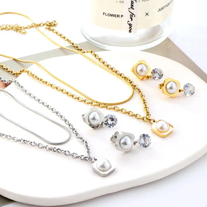 Round Corner Square White Pearl with Diamond Double Chain Jewelry Set asonjewelry
