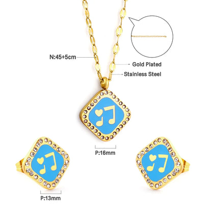 Square Blue Musical Note With Heart Jewelry Set asonjewelry