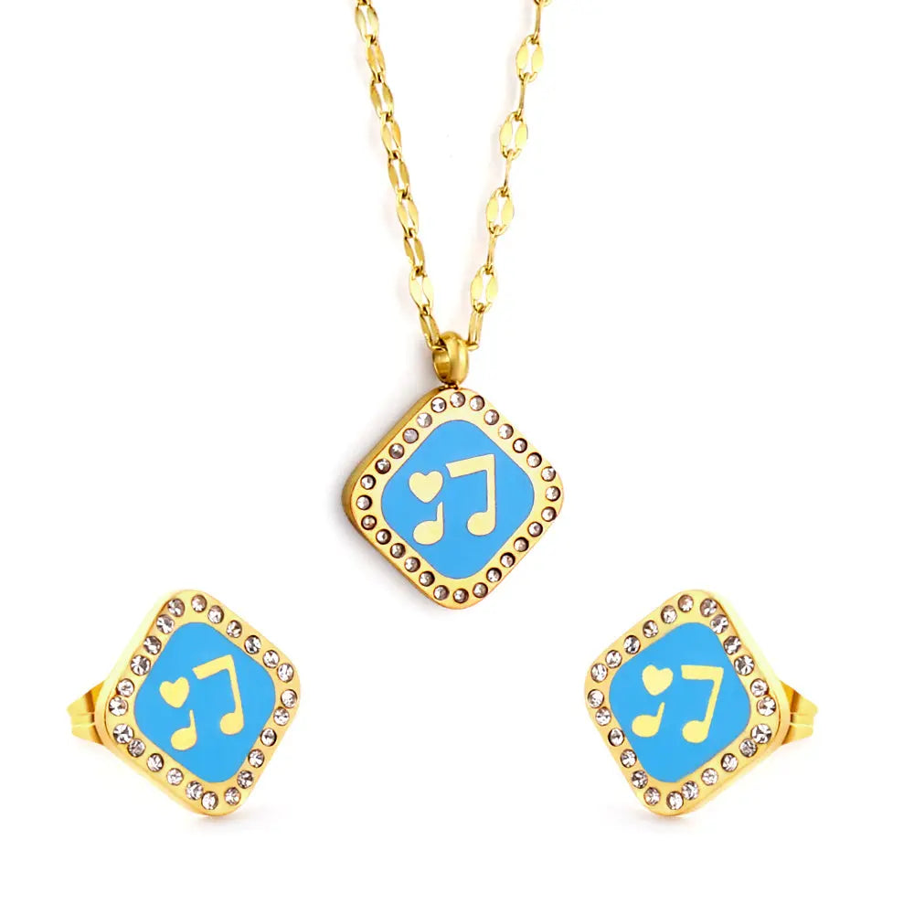 Square Blue Musical Note With Heart Jewelry Set asonjewelry