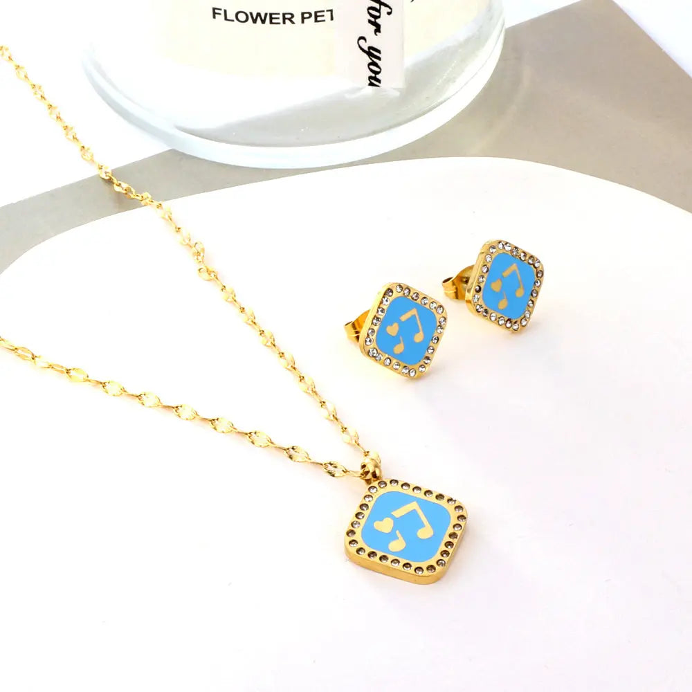 Square Blue Musical Note With Heart Jewelry Set asonjewelry