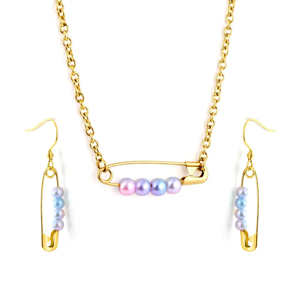 Stainless Steel 4 Colored Pearls Buckle Jewelry Set asonjewelry