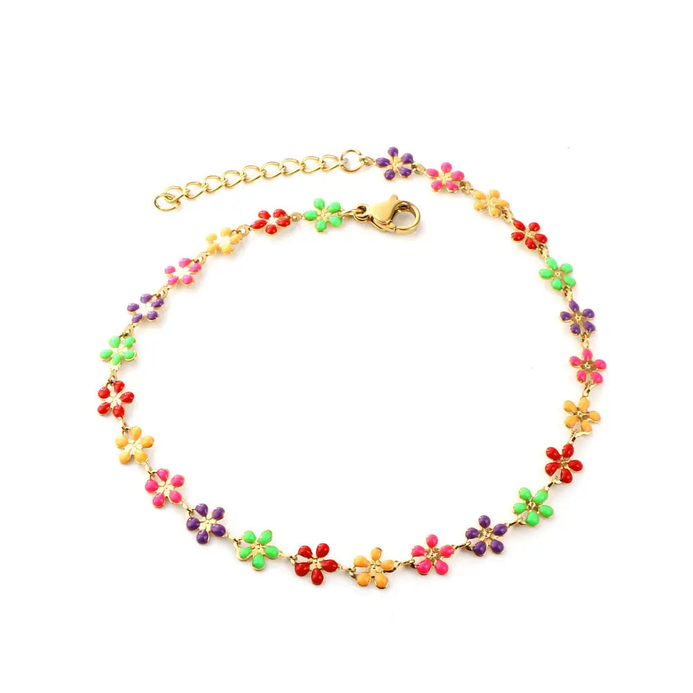 Stainless Steel 25 Mixed Color Peach Blossoms Anklet asonjewelry