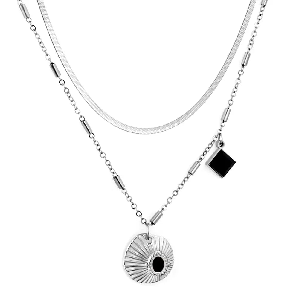 Shell With Black Drop Oil + Square Black Drop Oil Accessory+Chain Double Chain Necklace asonjewelry