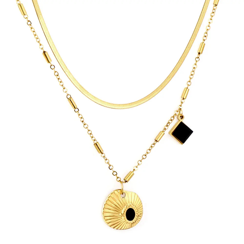 Shell With Black Drop Oil + Square Black Drop Oil Accessory+Chain Double Chain Necklace asonjewelry