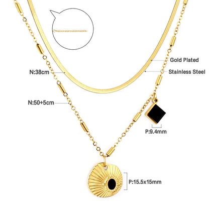 Shell With Black Drop Oil + Square Black Drop Oil Accessory+Chain Double Chain Necklace asonjewelry