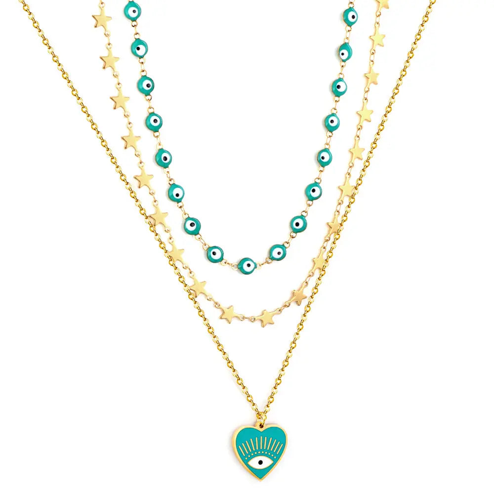 Green Heart-shaped Eye Accessory+Star with Chain + Green Eyeball Chain Triple Chain Necklace asonjewelry