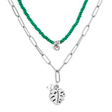Leaf + White Pearl Accessories + Green Bead Chain With Diamond Double Chain Necklace