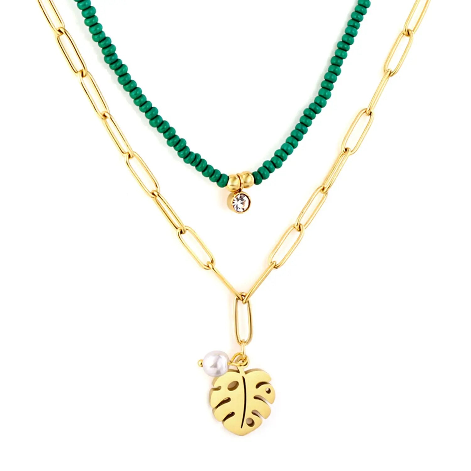 Leaf + White Pearl Accessories + Green Bead Chain With Diamond Double Chain Necklace asonjewelry