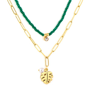Leaf + White Pearl Accessories + Green Bead Chain With Diamond Double Chain Necklace