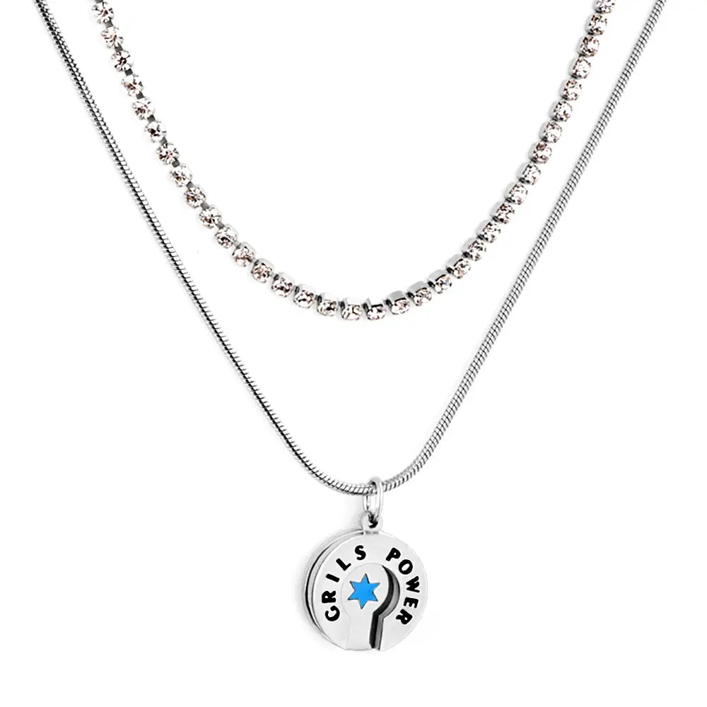 Blue Lucky Star Round Accessory+White Diamond with Chain Double Chain Necklace asonjewelry