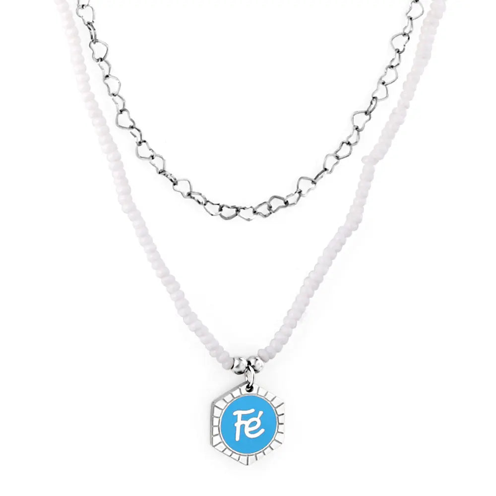 White Pearl Chain with Hexagon Fe Blue Accessories + Chain Double Chain Necklace asonjewelry