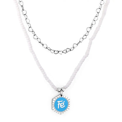 White Pearl Chain with Hexagon Fe Blue Accessories + Chain Double Chain Necklace asonjewelry